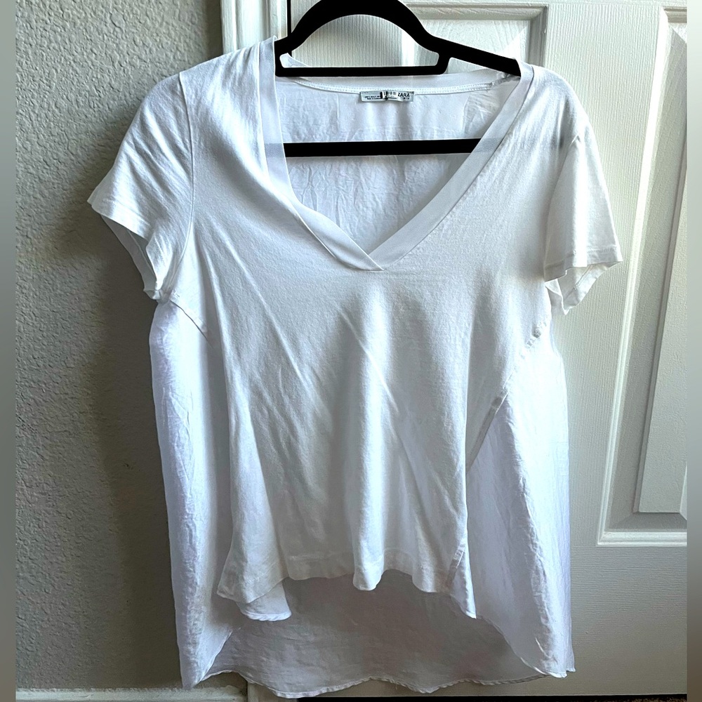 ZARA V-neck white blouse, satin material on back of shirt